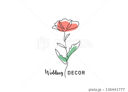 Wedding decor logo with flower line art. Minimalist floral blossom vector for event planning, marriage celebration, and boutique branding 136441777