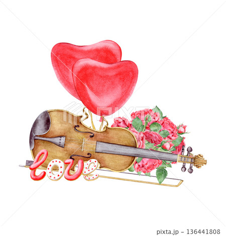 Watercolor Love Concept with Violin, Bouquet of Red Roses, Heart Shaped Balloons and Gingerbread Cookie with Word LOVE. Romantic Holiday Illustration Isolated on White. 136441808