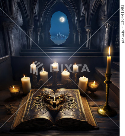 An ancient spell book containing magical formula guarded by an evil demon inside the ruins of a church 136441993