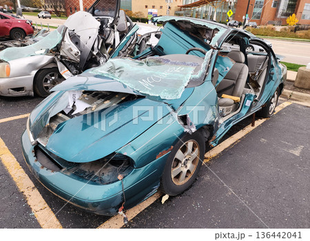 Chicago, USA - November 11, 2024: Car crash insurance. Broken Ford, corner view. Ford crashed in car accident. Ford car crash and damage. Damage of car in accident Chicago, USA - November 11, 2024: Car crash insurance. Broken Ford, corner view. Ford crashed in car accident. Ford car crash and damage. Damage of car in accident 136442041