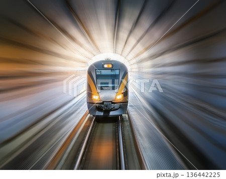 Train travelling through a tunnel at high speed Train travelling through a tunnel at high speed 136442225
