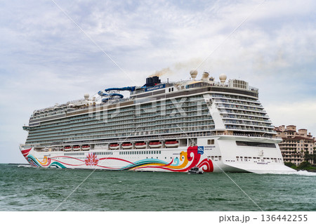 Miami, Florida, USA - November 07, 2024: Cruise ship vacation and travel at sea. Luxury liner. Norwegian joy. Cruise ship vacation. Cruise ship in summer. Luxury vessel. Norwegian cruise line, NCL 136442255