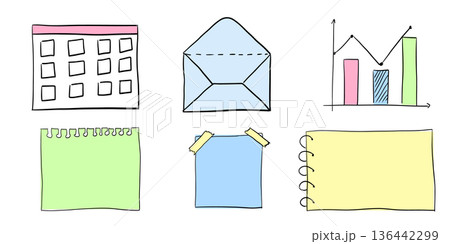 Hand drawn office stickers and notes set with calendar envelope charts and paper elements doodle sketch style vector illustration Hand drawn office stickers and notes set with calendar envelope charts and paper elements doodle sketch style vector illustration 136442299