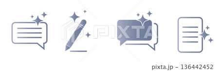 Set of AI chat and write icons with message bubbles, pen and document symbols. Artificial intelligence assistant for text generation, content creation and communication in digital software platforms. 136442452