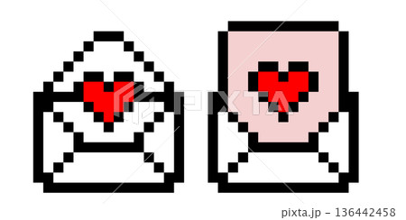Pixel heart mail envelope icon in 8bit videogame art style creating digital love message concept for arcade game graphics vector illustration and sweet retro background 136442458
