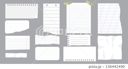 Paper scraps. Torn pieces of paper, with torn edges for notes, realistic torn pieces of blank note pages. Vector illustration isolated Paper scraps. Torn pieces of paper, with torn edges for notes, realistic torn pieces of blank note pages. Vector illustration isolated 136442490