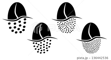 Cartoon roasted coffee beans pictogram. Coffee bean grind, size chart grains. For mug or cup. For coffee percolator. Coarse, medium or fine progress bar, loading. Manual coffee grinder. 136442536