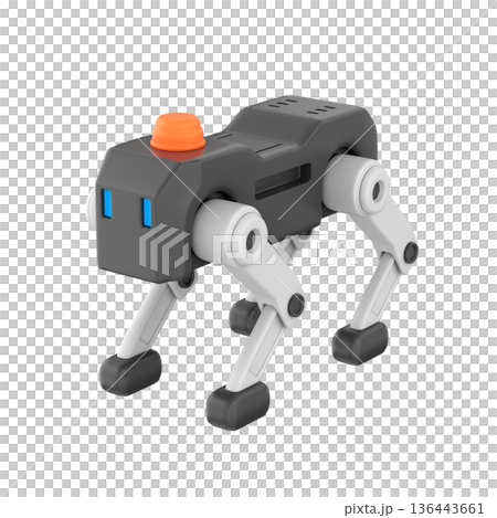 Illustration of a futuristic security robot dog standing alert. The robotic canine features sleek metal panels, jointed legs, sensors, and a small camera module for surveillance 136443661