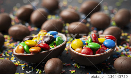 Chocolate Easter eggs with colorful candy Chocolate Easter eggs with colorful candy 136443729