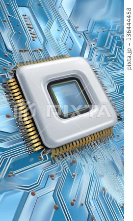 A blue circuit board design shows detailed digital elements and a chip layout with sharp focus and clarity in a high-resolution format A blue circuit board design shows detailed digital elements and a chip layout with sharp focus and clarity in a high-resolution format 136444488