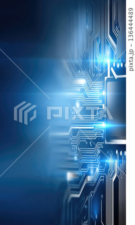 A blue circuit board design shows detailed digital elements and a chip layout with sharp focus and clarity in a high-resolution format A blue circuit board design shows detailed digital elements and a chip layout with sharp focus and clarity in a high-resolution format 136444489