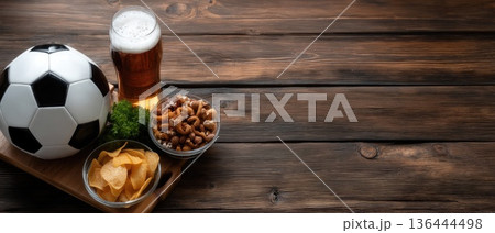 A soccer ball sits with snacks on a wooden table, featuring chips, nuts, and a glass of beer, ideal for game time 136444498