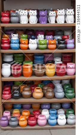 Vases with cat designs and various ceramic art pieces are displayed on a shelf against a white background with natural light 136444511