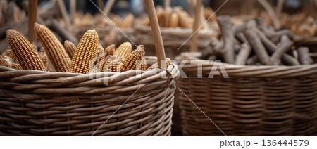 Yellow corn kernels arranged in a pile on a wooden table, highlighting the texture and shape of each kernel in a clear focus Yellow corn kernels arranged in a pile on a wooden table, highlighting the texture and shape of each kernel in a clear focus 136444579