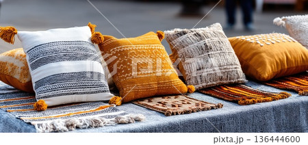 Colorful traditional wool rugs and pillows showcase local craftsmanship on a table in an old market Colorful traditional wool rugs and pillows showcase local craftsmanship on a table in an old market 136444600
