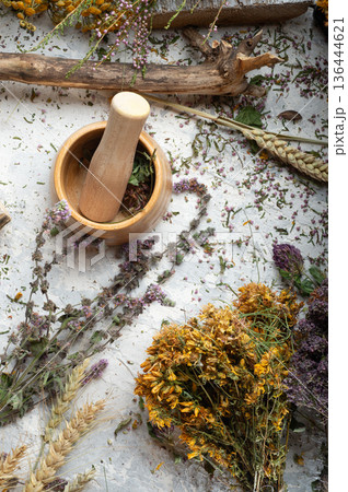 pestle and mortar around dry medicine herbs at white background. top view 136444621