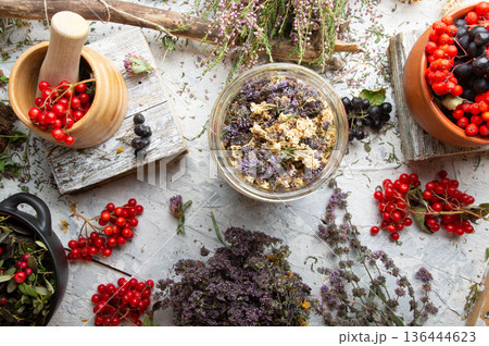 wild dry medicine herbs and cowberry, rowan, viburnum berries  at  white background. top view 136444623