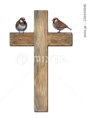 Small grey birds and wooden cross with wood grain texture. Minimalist watercolor illustration for Christian Easter designs and religious themes, church bulletins, greeting cards, website headers, art 136444846