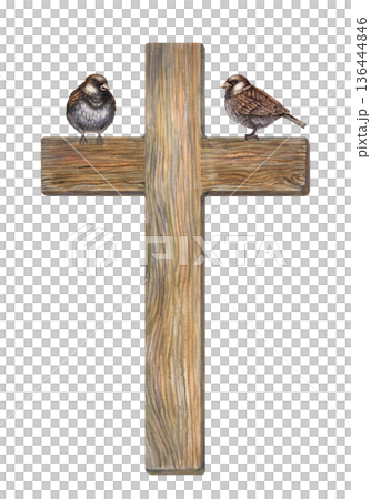 Small grey birds and wooden cross with wood grain texture. Minimalist watercolor illustration for Christian Easter designs and religious themes, church bulletins, greeting cards, website headers, art 136444846
