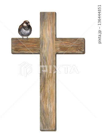 Small gray bird perched on a wooden cross with a wood texture. Minimalistic watercolor illustration for Christian Easter designs and religious themes, church bulletins, greeting cards, website headers 136444851