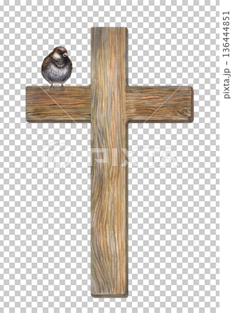 Small gray bird perched on a wooden cross with a wood texture. Minimalistic watercolor illustration for Christian Easter designs and religious themes, church bulletins, greeting cards, website headers Small gray bird perched on a wooden cross with a wood texture. Minimalistic watercolor illustration for Christian Easter designs and religious themes, church bulletins, greeting cards, website headers 136444851