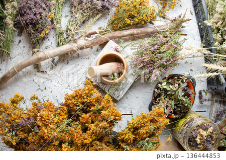 different wild medicinal dry herbs: white yarrow herb blossoming, yellow tansy herb, marjoram,  St. John's wort at white background 136444853
