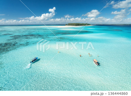 Aerial view of colorful boats and yachts in clear water in summer 136444860