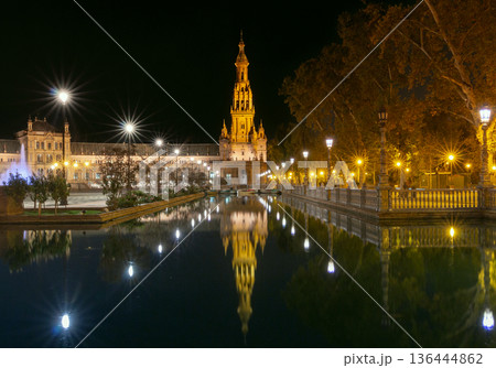 Plaza de Espana at Night in Seville, Spain Plaza de Espana at Night in Seville, Spain 136444862