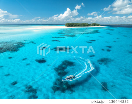 Aerial view of colorful boats, sandbank, blue sea on sunny day 136444882