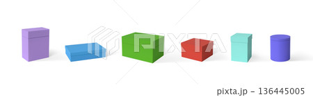 A set of colorful gift boxes of various shapes and sizes with closed lids. 136445005