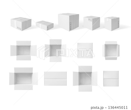 3D open and close cardboard empty box isometric and from above view, realistic white parcel, delivery package vector set 136445011