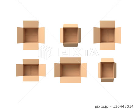 3D open cardboard empty box viewed from above, realistic brown carton parcel, cargo delivery package mockup vector set 136445014