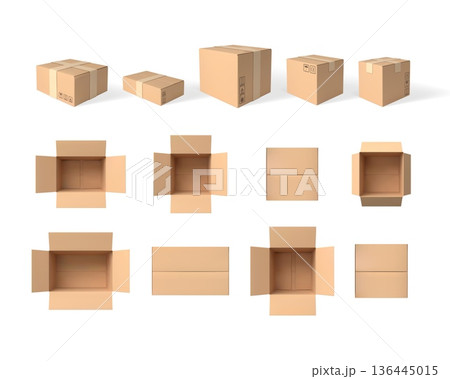 A set of cardboard box mockups of various shapes and sizes, open and closed, from different sides. 136445015
