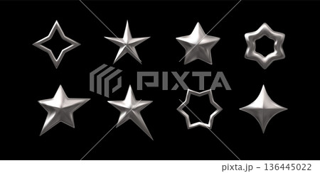 Set of different silver star shapes realistic 3D vector, chrome space emoji, abstract sparkle, award, Y2K decoration 136445022