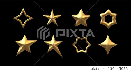 Set of different golden star shapes realistic 3D vector design, chrome space galaxy emoji, sparkle element, rating award Set of different golden star shapes realistic 3D vector design, chrome space galaxy emoji, sparkle element, rating award 136445023
