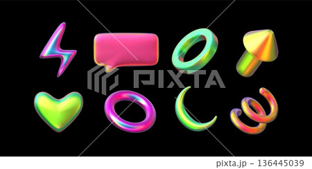 3D red holographic design elements vector set, colorful iridescent heart, speech bubble, crescent, lightning ring shapes 136445039