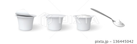 Yogurt cup and spoon vector set, milk dairy products package, vector 3D mockup of white round plastic container with lid 136445042