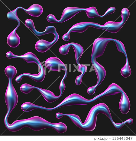 Holographic metal liquid drops pattern 3D vector illustration, realistic metallic fluid drops iridescent smooth splashes Holographic metal liquid drops pattern 3D vector illustration, realistic metallic fluid drops iridescent smooth splashes 136445047