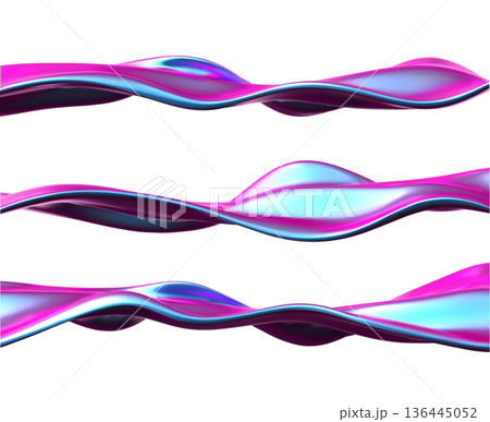 Holographic metal liquid wave pattern set 3D vector, realistic iridescent fluid metallic ribbon with reflection gradient 136445052