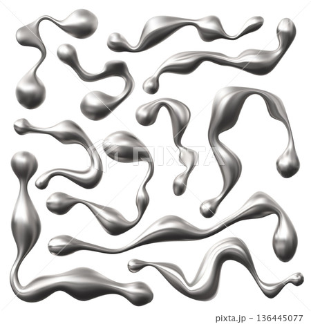 Metal liquid silver drops pattern vector illustration, 3D set of melt metallic liquid, light gray paint blob splashes 136445077
