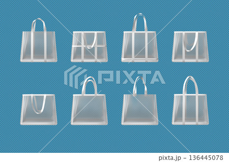 A collection of clear white tote bags, front view, with raised and lowered handles. A collection of clear white tote bags, front view, with raised and lowered handles. 136445078