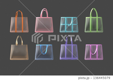 Set of multicolored transparent tote bags, front view, with raised or lowered handles. Set of multicolored transparent tote bags, front view, with raised or lowered handles. 136445079