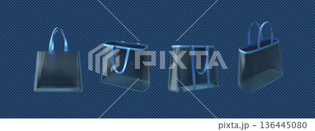 Transparent tote bags with hanging handles, blue shopping pouch with straps, clear plastic handbag mockup vector set Transparent tote bags with hanging handles, blue shopping pouch with straps, clear plastic handbag mockup vector set 136445080