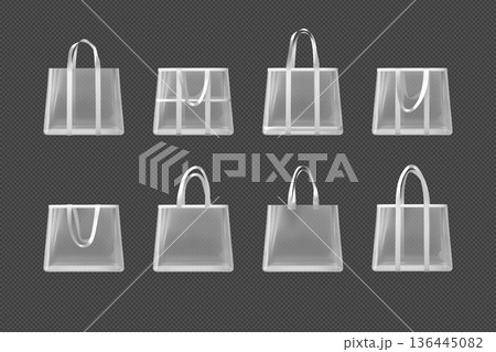 Transparent tote bags with hanging handles, white shopping pouch with straps, clear plastic handbag mockup vector set Transparent tote bags with hanging handles, white shopping pouch with straps, clear plastic handbag mockup vector set 136445082