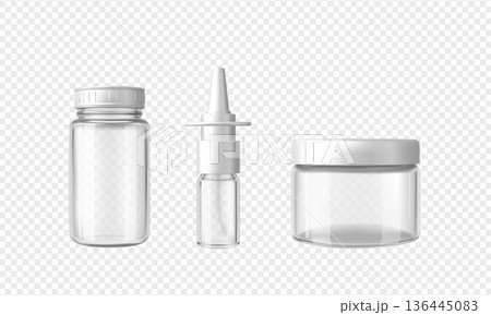 A set of transparent glass containers of various shapes, with closed lids and spray dispensers. A set of transparent glass containers of various shapes, with closed lids and spray dispensers. 136445083