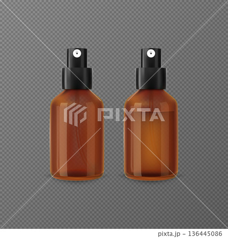 Realistic amber glass spray bottles empty and filled vector mockup, brown dispensers with spray nozzles, aerosol package Realistic amber glass spray bottles empty and filled vector mockup, brown dispensers with spray nozzles, aerosol package 136445086