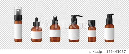 A set of realistic amber bottles with various dispensers and blank white labels. 136445087