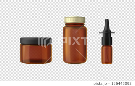 Realistic amber glass bottles, vector mockup brown containers, pump spray vial, empty flasks, cosmetic products package Realistic amber glass bottles, vector mockup brown containers, pump spray vial, empty flasks, cosmetic products package 136445092
