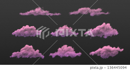 A set of pink fluffy clouds of various shapes, with an overlay effect. A set of pink fluffy clouds of various shapes, with an overlay effect. 136445094