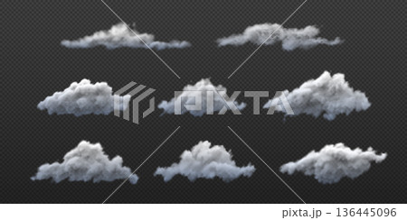 Soft fluffy cloud icons vector set, realistic meteorology weather forecast cloudy symbol, mist, haze, smoke or fog Soft fluffy cloud icons vector set, realistic meteorology weather forecast cloudy symbol, mist, haze, smoke or fog 136445096